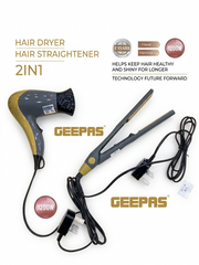 Geepas GHF86074 2-in-1 Hair Dryer & Hair Straightener|1200W |2 Speed & 2 Heat Settings| Ceramic Plates| 360° Swivel Cord| PTC Heater & Cool Air Function| 2 years Warranty