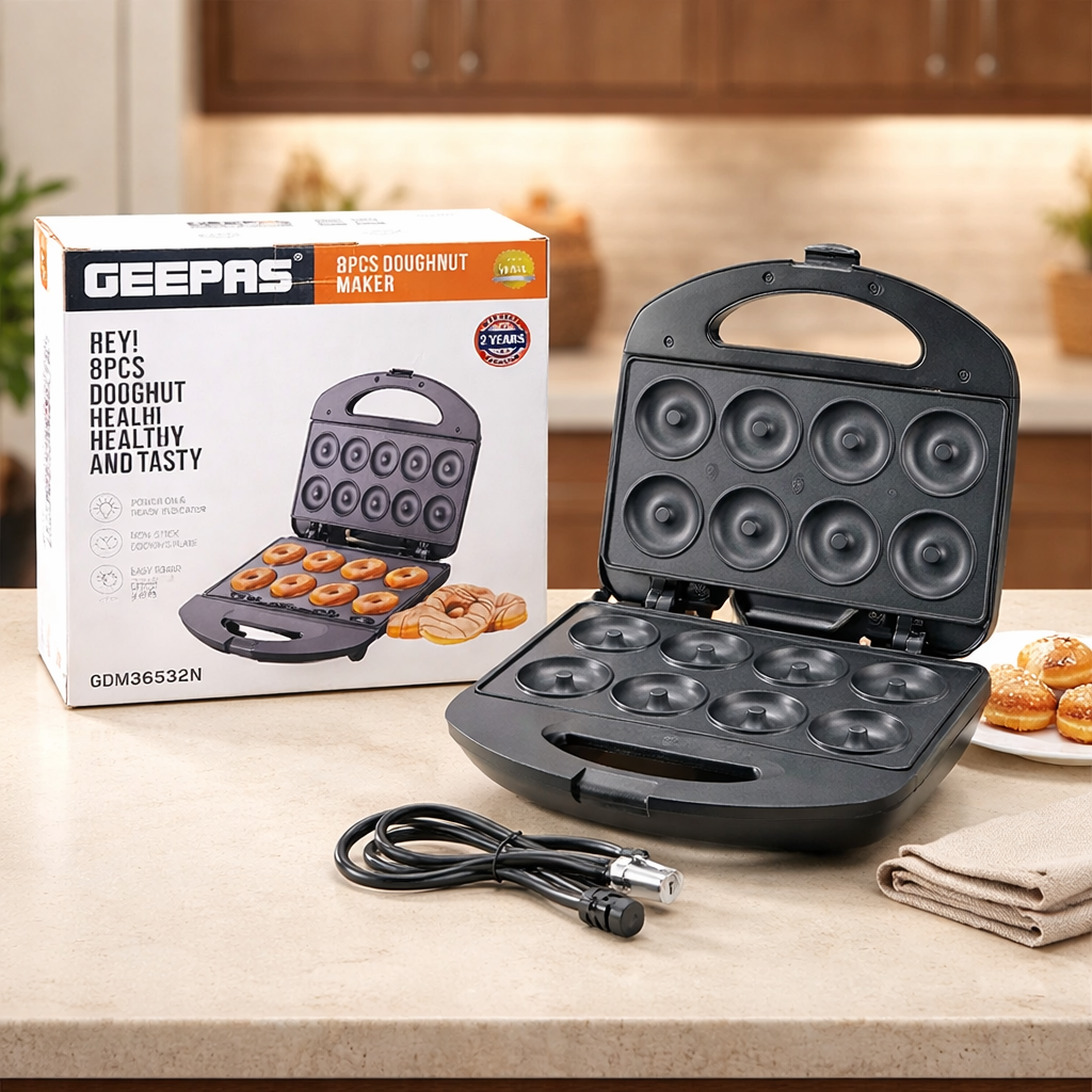 Geepas Donut Maker GDM36532 | 8 Pcs Capacity | 650–780W Power| Non-Stick Plates| Cool-Touch Housing | Compact Upright Storage| Skid-Resistant Feet | 2 Years Warranty
