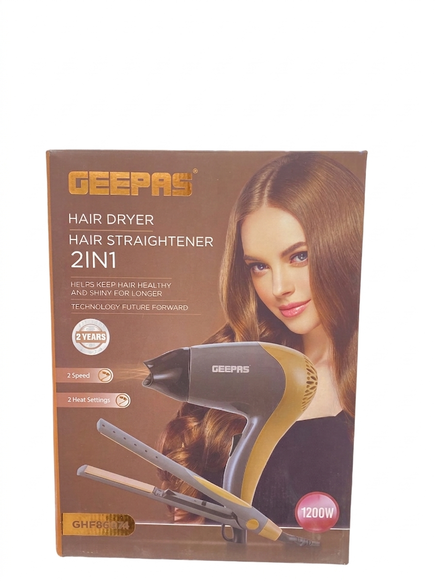 Geepas GHF86074 2-in-1 Hair Dryer & Hair Straightener|1200W |2 Speed & 2 Heat Settings| Ceramic Plates| 360° Swivel Cord| PTC Heater & Cool Air Function| 2 years Warranty